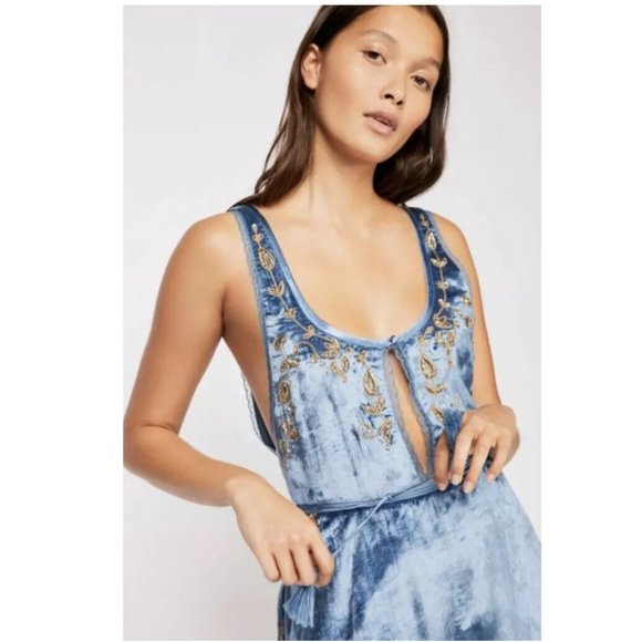Free People‎ Blue Eyes Velvet Romper Womens Size L Embellished Boho Rare - Picture 2 of 15